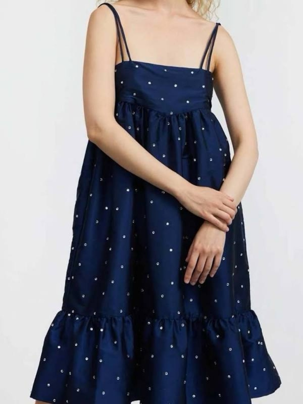 Batsheva Singer Crystal Embellished Taffeta Dress Size 2 Navy Blue Strappy Dress